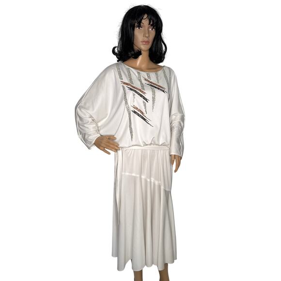 Vintage 1980s Riccardo White Batwing Dress Sequin Geometric Design medium - Picture 2 of 16